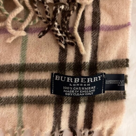 Burberry London Scarf 100% Cashmere Ivory Green and Purple - Picture 2 of 3